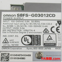 Japan (A)Unused,S8FS-G03012CD  スイッチング・パワーサプライ 12V 3A カバー付き　DINレール取付け ,DC12V Output,OMRON